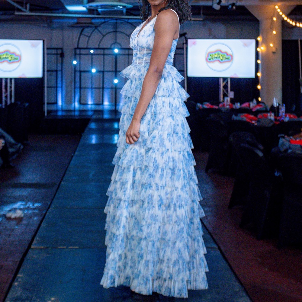 Blue Floral Tiered Maxi Dress with V-Neck